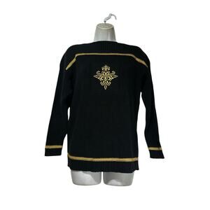 Anne Klein II Black Gold Embroidered Cotton Sweater Women’s Size S Old Money